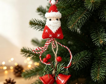 Hand Crochet Christmas Bell Hanging Ornament, Xmas Tree and Car Decor, Stocking Stuffer Gift For Friend & Coworker