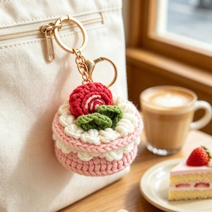 Könnte beinhalten: Ein runder, gehäkelter Kuchen-Schlüsselanhänger mit hellrosa Basis, weißem Zuckerguss-Rand, einem roten, spiralförmigen Aufsatz und zwei grünen Blättern. Der Artikel ist an einem goldfarbenen Metallring und einem Karabinerverschluss befestigt.