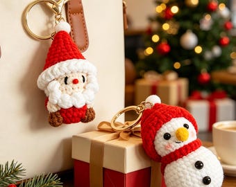 Hand‑Crocheted Santa & Snowman Keychain Set, Amigurumi Christmas Bag Charm, Cottagecore Stocking Stuffer Gift