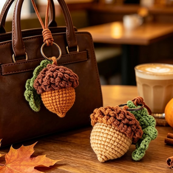 Crochet Acorn Keychain, Handmade Fall Bag Charm with Leather Strap, Cottagecore Farmhouse Key Ring, Thanksgiving Gift Stocking Stuffer