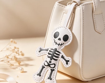 Spooky Skeleton Doll Bag Charm, Faux Leather Hanging Ornament, Halloween Gift For Bestie & Her