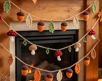 Ghirlanda autunnale all'uncinetto fatta a mano, ghirlanda autunnale di ghiande e funghi, regalo per l'inaugurazione della casa e per il Giorno del Ringraziamento per gli amanti della casa