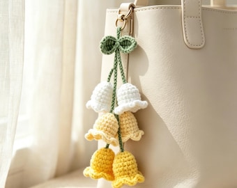 Handmade Crochet Lily of the Valley Charm, Bag Charm, Car Hanging Ornament, Knitted Flower Keychain, Bridal Shower Favor Gift