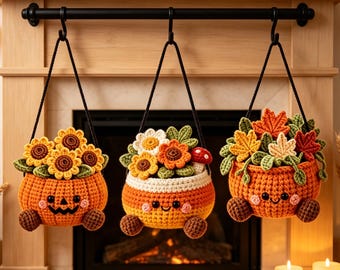 Cute Crochet Pumpkin Hanging Basket, Fall Cottagecore Wall Decor, Halloween Thanksgiving Home Gift