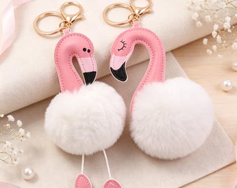 Tropical Matching Flamingo Bag Charm Set, Faux Fur Pom Pom Keychain, Gift For Best Friend