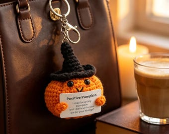 Handmade Crochet Pumpkin Keychain With Custom Message Card, Cute Halloween Purse Charm, Halloween Cheer‑up Gift