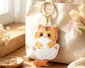 Handmade Leather Cat Keychain, Cartoon Kitten Bag Charm, Back To School Gift For Cat Lovers
