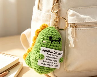 Crochet Positive Dinosaur Keychain, Pocket Hug Encouragement Backpack Charm, Back to School Cheer Up Gift For Teens