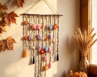 Hand Crocheted Floral Vine Wall Hanging, Boho Flower Tassel Wall Art, Cottagecore Nursery Wall Decor, Housewarming Gift For Her