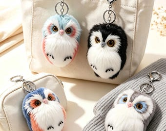 Cute Fluffy Owl Plush Keychain, Soft Bag Charm, Witchy Forest Halloween Accessory, Sweet Gift For Girls