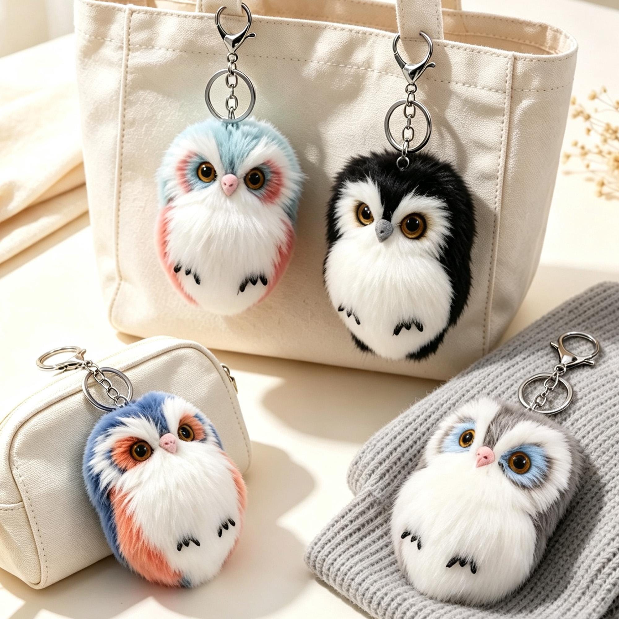 Cute Fluffy Owl Plush Keychain, Soft Bag Charm, Witchy Forest Halloween Accessory, Sweet Gift For Gi