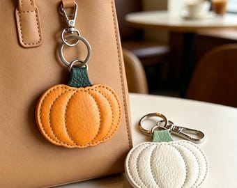 Handcrafted Faux Leather Pumpkin Keychain, Fall Bag Charm, Cozy Halloween Gift For Her