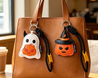Handcrafted Faux Leather Halloween Keychain, Cute Spooky Ghost & Pumpkin Bag Charm, Fall Holiday Gift For Her