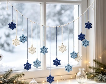 Hand Crocheted Snowflake Tassel Garland, Blue White Winter Wall Banner, Christmas Mantel Decor, Housewarming & Christmas Gift For Home Lover