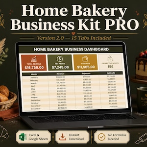 May include: A laptop displaying a Home Bakery Business Kit PRO dashboard with financial data, including total revenue, net profit, and expenses. The screen shows a spreadsheet with monthly figures. The text reads Home Bakery Business Kit PRO.