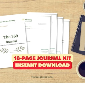 Könnte beinhalten: Ein Set aus weißen Journal-Seiten mit grünem Text und Blattillustrationen. Die Titelseite trägt die Aufschrift Your 33-Day Journey, The 369 Journal, A 33-Day Journey to Align, Believe, and Receive. Weitere Seiten enthalten Morning, Write 3 times.