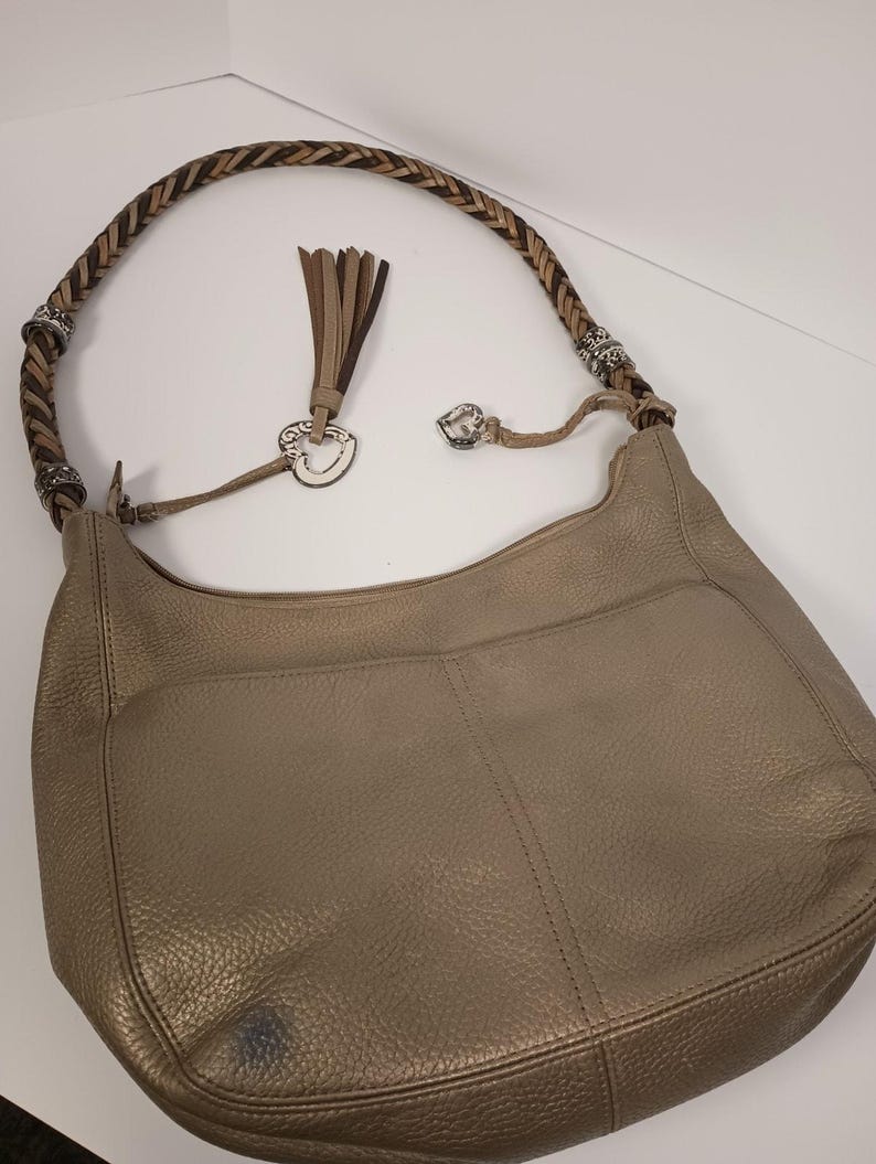 BRIGHTON Metallic Gold Leather Hobo Shoulder Bag Braided Strap Silver Heart Charm image 3