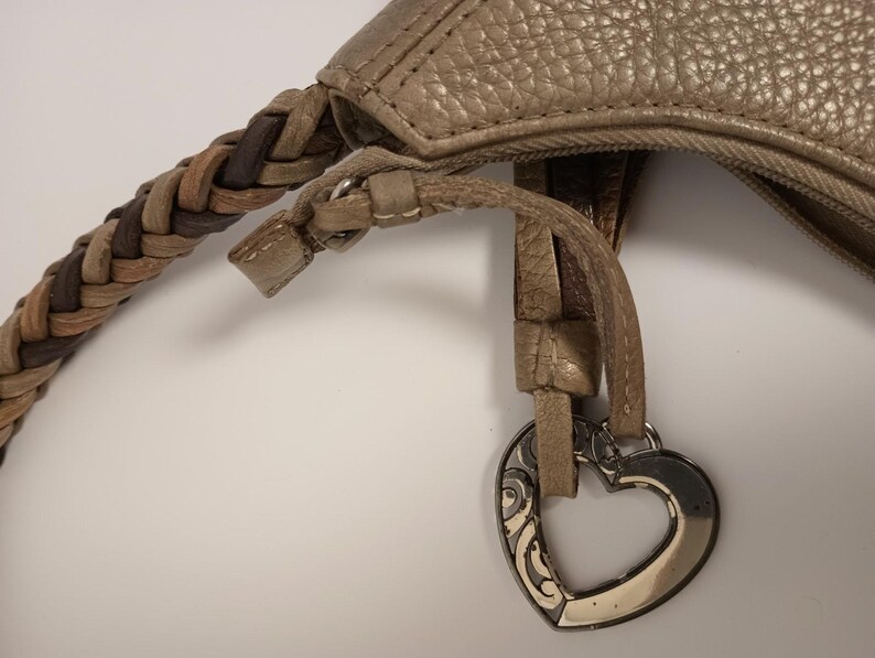 BRIGHTON Metallic Gold Leather Hobo Shoulder Bag Braided Strap Silver Heart Charm image 8