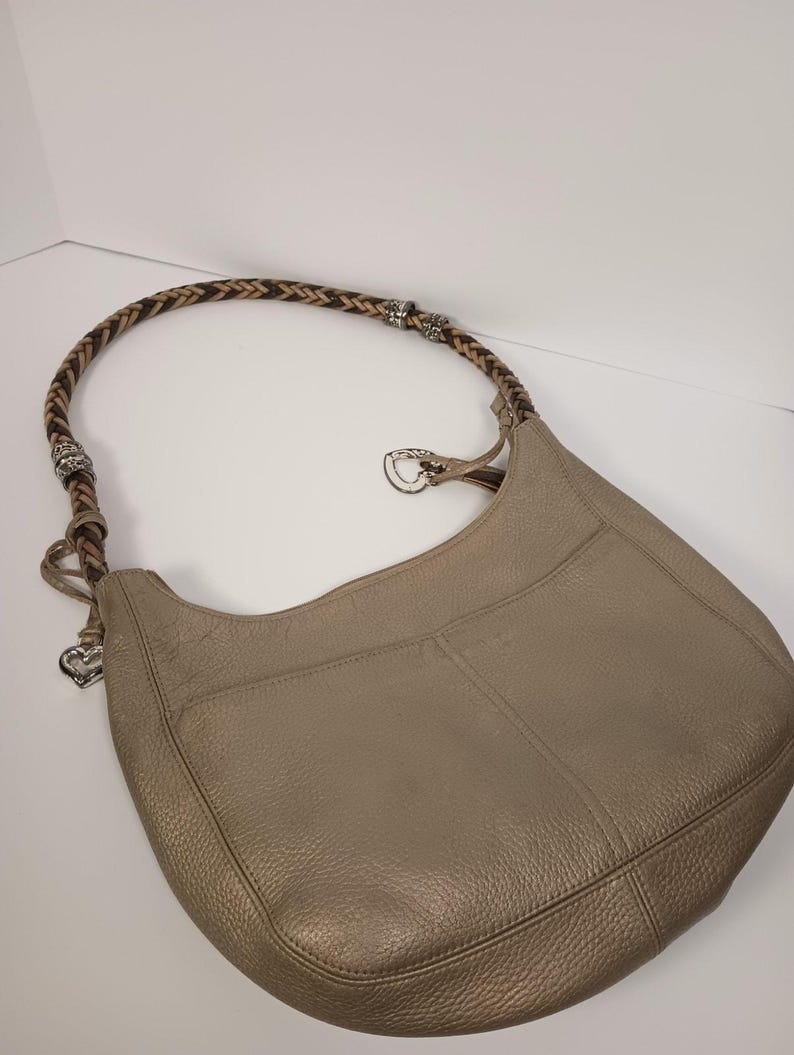 BRIGHTON Metallic Gold Leather Hobo Shoulder Bag Braided Strap Silver Heart Charm image 1