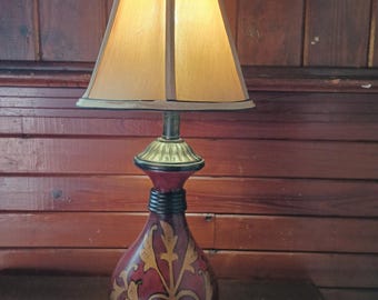 Vintage Tuscan Style Ceramic Table Lamp Burgundy Gold Fleur-de-lis, 25"