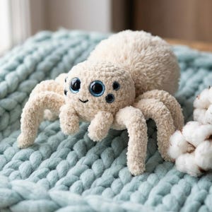 Puede incluir: Un peluche de araña tejido a ganchillo de color crema con grandes ojos redondos de borde azul y una pequeña sonrisa bordada. La araña tiene ocho patas peludas y un cuerpo suave y texturizado, junto a una rama de algodón blanco seco.