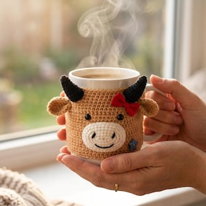 Pode incluir: Uma caneca de cerâmica branca com uma capa de crochê bege desenhada como uma vaca. A capa inclui chifres pretos, um focinho cor de creme, um pequeno laço vermelho e um botão azul em forma de estrela. Vapor sobe da bebida quente na caneca.