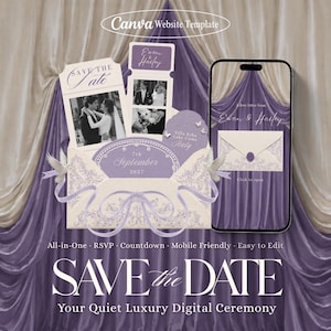 May include: A digital wedding invitation template featuring a cream envelope with purple filigree, two photo strips of a couple, and a smartphone displaying a matching design. Text includes Save the Date, 7th September 2027, and Villa Erba Lake Como Italy.