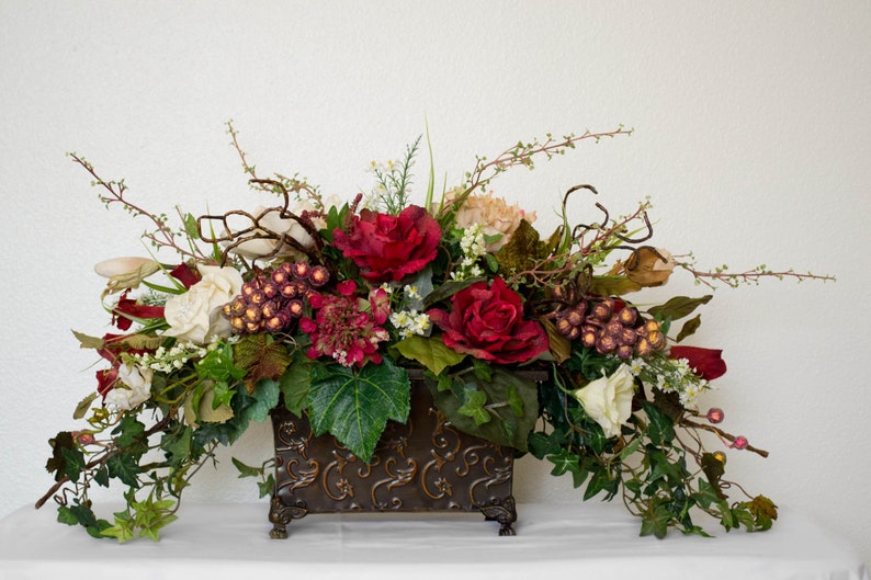 Medium Silk Floral Arrangement With Roses Grapes and Ivy Etsy