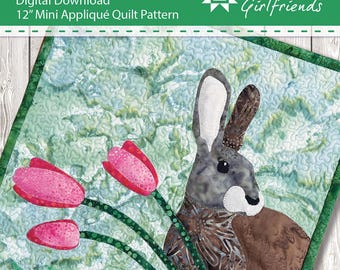 Digital Download Spring Rabbit Mini-Quilt pattern by Material Girlfriends, Charming Rabbit, Easter Bunny, Appliqué small quilt block 12"