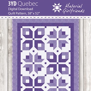 May include: A digital download quilt pattern for a purple and white quilt called "3YD Quebec". The pattern is for a quilt measuring 38 inches by 52 inches. The quilt design features a repeating pattern of squares and diamonds.