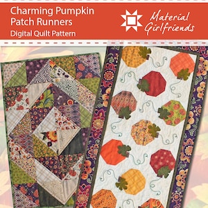 Op de afbeelding: Twee kleurrijke gewatteerde tafellopers. Eén heeft een patchwork-ontwerp met verschillende stofpatronen. De andere toont pompoenvormen in oranje, rood en geel, met groene bladaccenten, op een witte achtergrond. De tekst luidt "Charming Pumpkin Patch Runners".