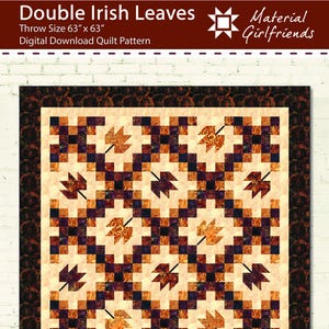 Puede incluir: Un patrón de edredón digital llamado "Double Irish Leaves". El diseño del edredón presenta un patrón de hojas repetido en tonos naranja, marrón y morado, sobre un fondo crema. El tamaño es de 160 cm x 160 cm.