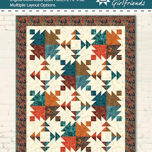 May include: A Hurkle Durkle digital download quilt pattern measuring 70 inches by 88 inches by Material Girlfriends. The quilt features a geometric design with teal, orange, and brown patterned fabric blocks on a cream background with a floral border.