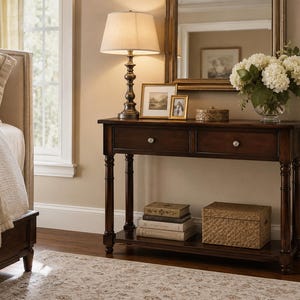 May include: A dark brown wooden console table featuring two drawers with silver knobs and a lower shelf. The table is topped with a lamp, two framed pictures, a small round box, and a glass vase filled with white hydrangea flowers.