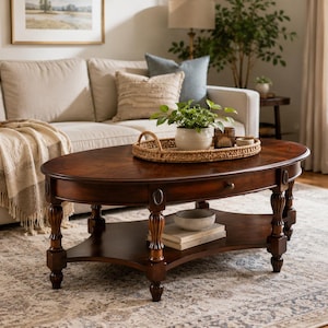 Vintage Oval Coffee Table Solid Wood Farmhouse Living Room Table