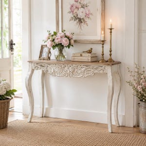 French Country Console Table: Antique White Carved Entryway Sofa Table