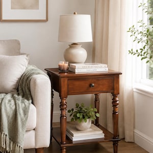 May include: A dark brown wooden end table with a single drawer featuring a round black knob, four turned legs, and a lower shelf. The table holds a cream-colored ceramic table lamp, a candle, and two books titled Live Beautifully and This Is Home.