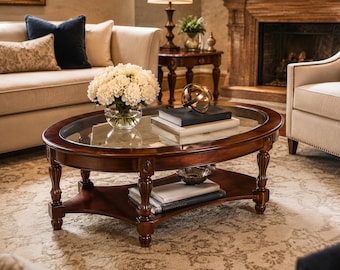 Solid Wood Vintage Oval Glass Top Coffee Table Traditional Wood Living Room Center