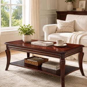 May include: A rectangular dark wood coffee table with a polished finish, featuring curved legs with carved floral details, a lower storage shelf, and a top surface holding a white potted plant, a white coffee mug, and a book titled The Art of Home.