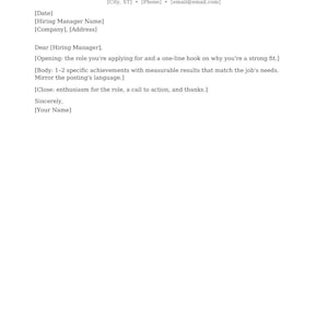 May include: A professional cover letter template featuring dark brown text on a white background. It includes placeholders for contact information, date, hiring manager details, an opening hook, body paragraphs for achievements, and a closing.
