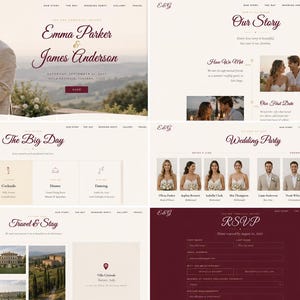 Pode incluir: Um modelo de site de casamento digital com uma paleta de cores creme e vermelho escuro. O layout inclui seções para Our Story, The Big Day, Wedding Party, Travel e um formulário RSVP com uma ilustração de linhas de um arco floral.