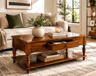 Massivholz Couchtisch, Mid Century Kirschbaum Nussbaum, Aufbewahrungsregal mit zwei Schubladen