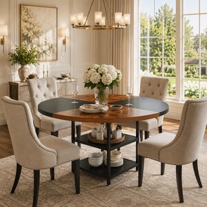May include: A round dining table with a split top featuring two black segments and two wood-grain segments, supported by a black metal frame with two lower storage shelves, surrounded by four beige upholstered chairs with button-tufted backs.