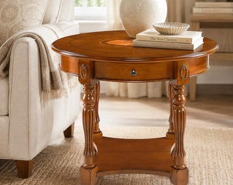 End Table Drawer, Cherry Walnut Victorian Nightstand, Oval Wood Side Table with Shelf