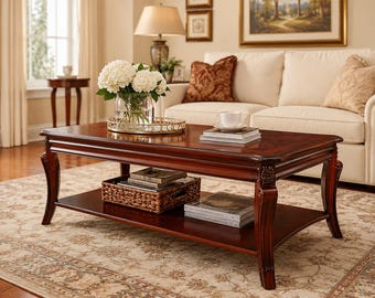 Solid Cherry Wood Coffee Table, Farmhouse Living Room Centerpiece, Storage Shelf