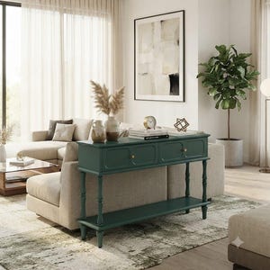 Mid Century Console Table, Entryway Storage Furniture, 2 Drawer Open Shelf, Green Sofa Table, Narrow Hallway Organizer, Foyer Furniture