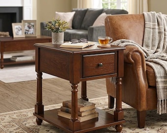 Cherry Wood End Table, Slim Nightstand Table with Drawer, Solid Wood Side Table for Living Room, Narrow Bedside Table 13 Inch Wide