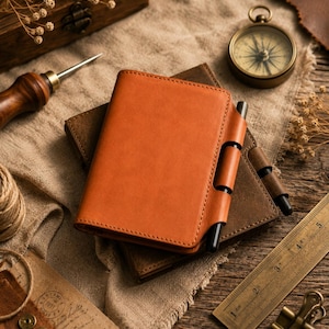 May include: A tan leather notebook cover with a built-in pen loop holding a black pen, resting on a dark brown leather notebook. A wooden ruler shows measurements in inches, alongside a brass compass, a wooden awl, and metal clips.