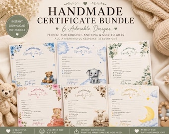 Handgemachtes Zertifikat Set zum selbst ausdrucken | 6 Geschenk-Beilagen häkeln & stricken | Baby-Decke Erinnerungskarten | Sofort Download PDF