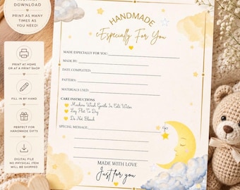 Moon & Stars Handmade Zertifikat Printable | Baby-Decke Geschenk Insert | Gehäkelte Erinnerungskarte PDF | Sofort Download